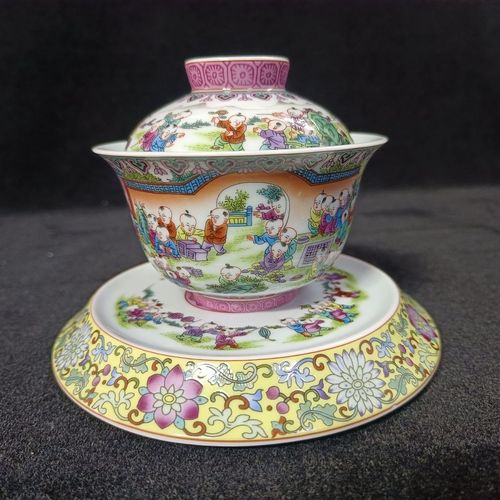 景德镇陶瓷老厂货手工绘制珐琅彩百子图复古盖碗三才敬茶水杯收藏